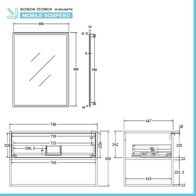 Mobile bagno sospeso 80 cm industrial nero e legno con pensile Baketo
