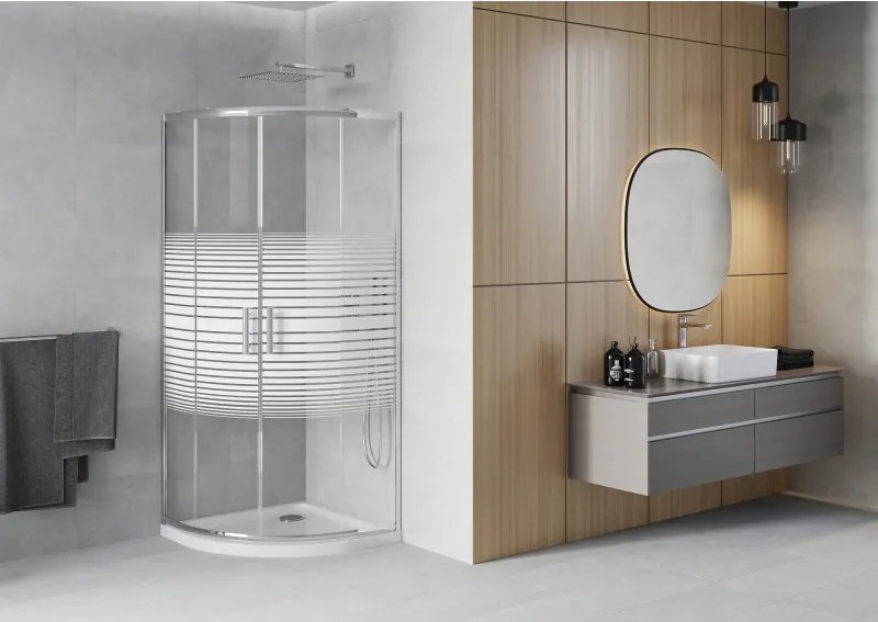 Mexen Rio cabina doccia semicircolare 90 x 90 cm, fasce bianche, cromo + piatto doccia Flat, bianco - 863-090-090-01-20-4110