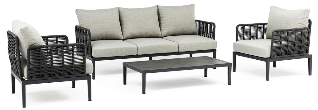 ESCONDIDO - salotto con struttura in alluminio antracite e corda in pvc, tavolino effetto pietra
