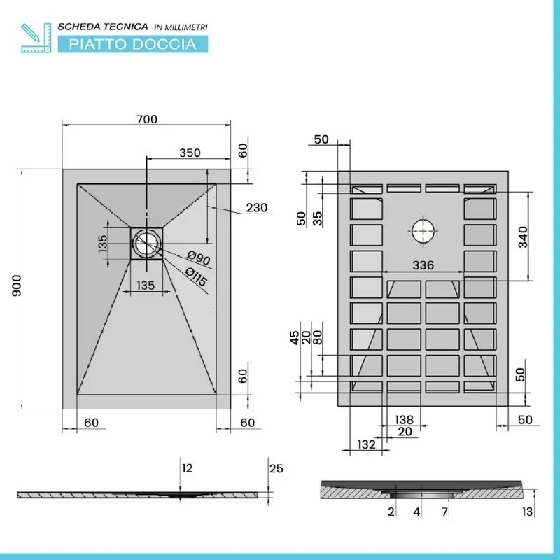 Piatto doccia 70x90 Karen in resina riducibile bianco effetto pietra