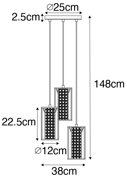 Lampada a sospensione orientale nera con rattan 3 luci rotonda - Akira