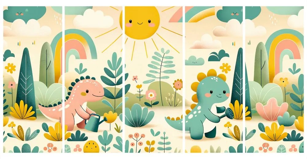 Quadri 5 pezzi – Dinosauri allegri in paesaggio arcobaleno