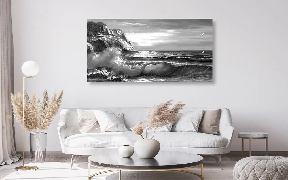 Quadro su tela – Onde marine sulla costa in bianco e nero