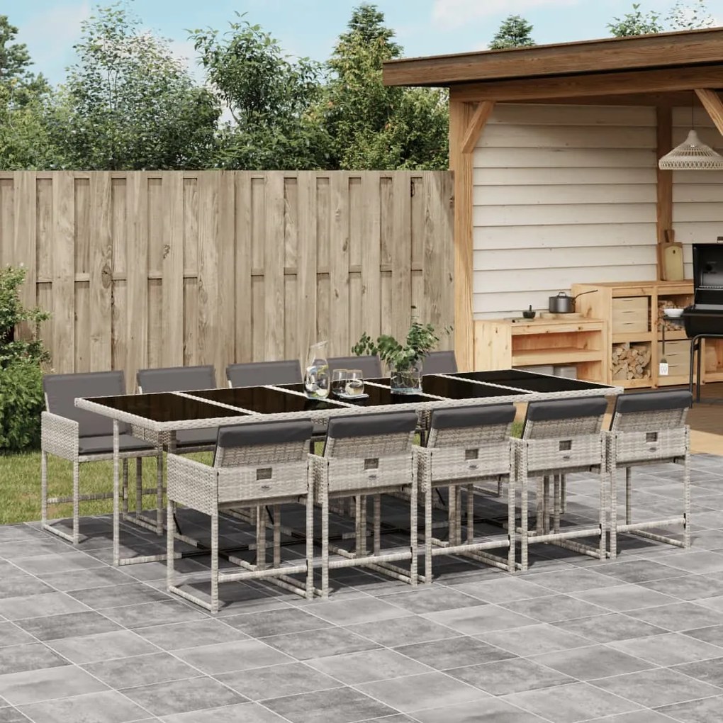 Set pranzo giardino 11pz con cuscini grigio chiaro polyrattan