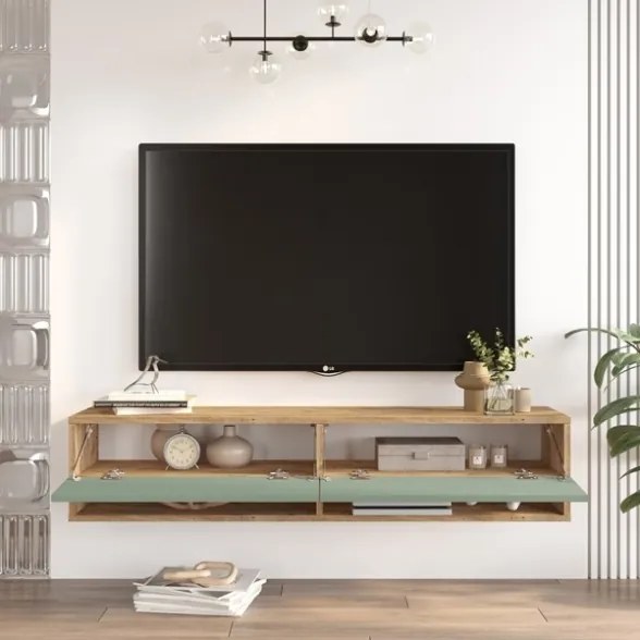 Mobile Tv Sospeso 140x32x30 Effetto Legno 2 Vani Rovere E Verde Frame