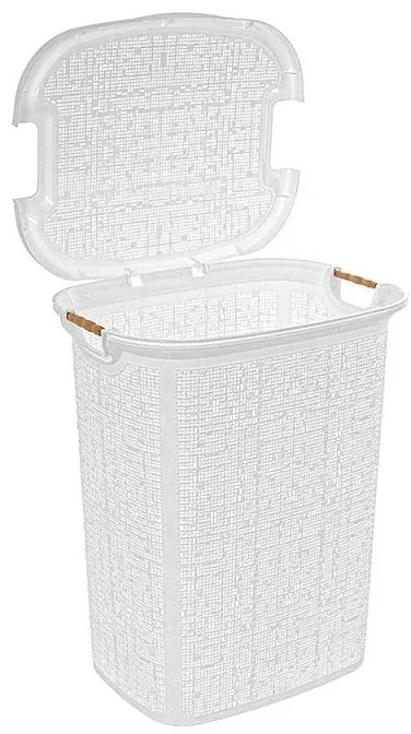Cesto portabiancheria in plastica bianca con manici in legno capienza 60 lt