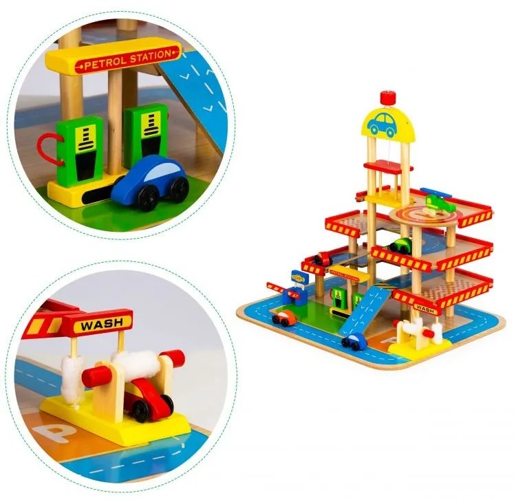 Ampio garage in legno con macchinine per bambini