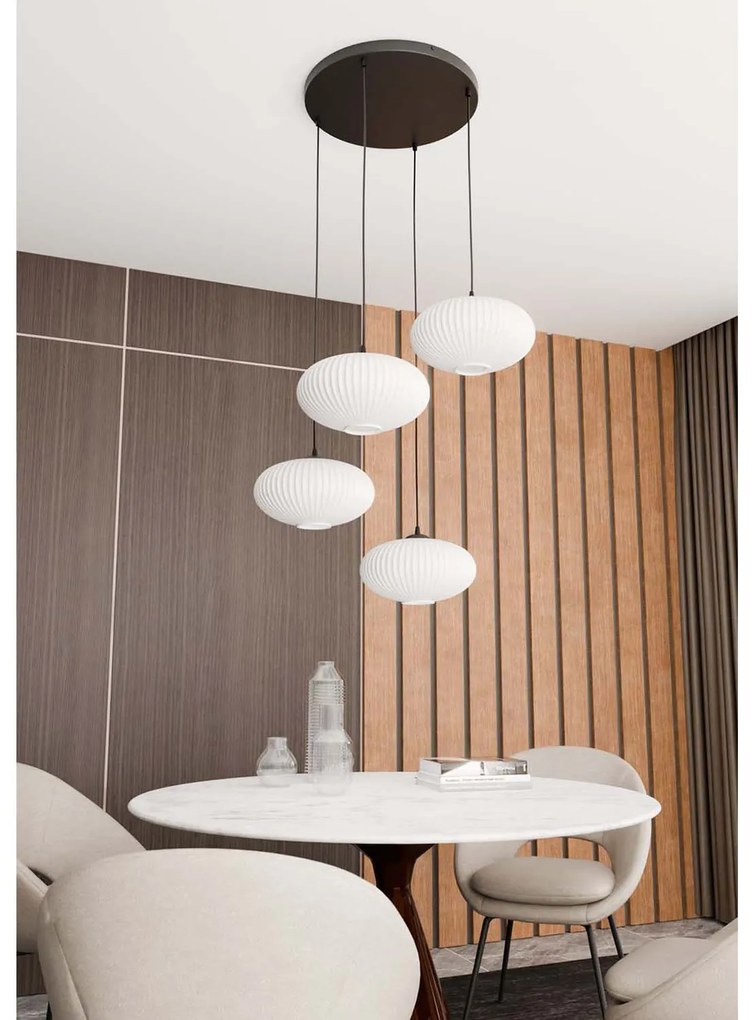 Lampadario 4 Luci Iris Base Tonda In Acciaio Nero Paralume Plissettato Bianco