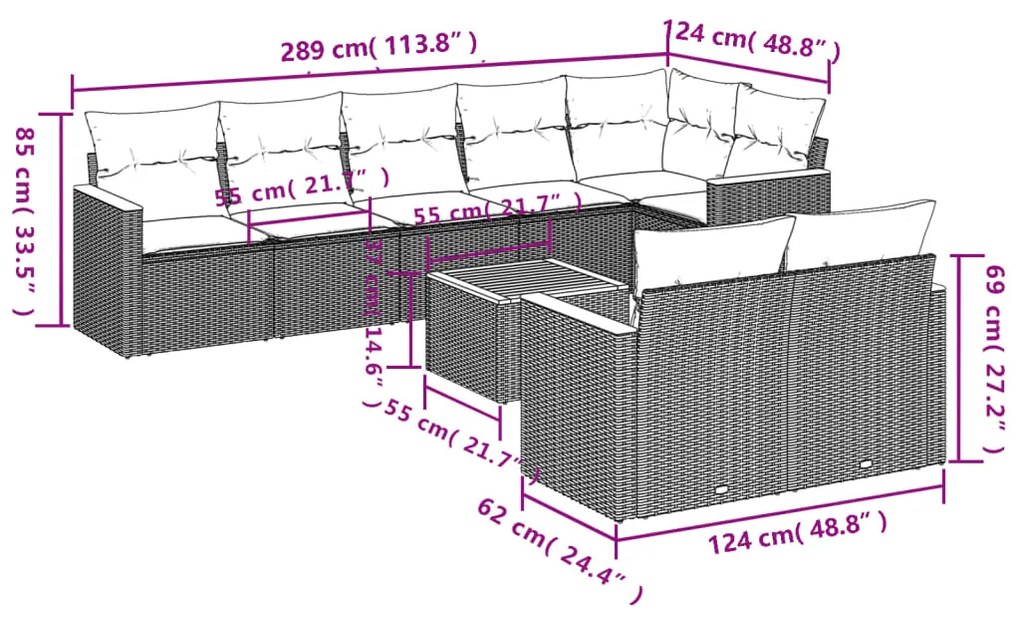 Set Divani da Giardino 9 pz con Cuscini Nero in Polyrattan