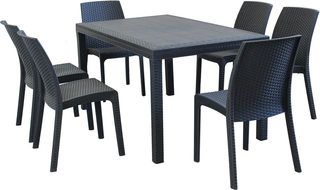 CALIGOLA - set tavolo in resina effetto rattan cm 150 x 90 x 74 h con 6 sedie Alma