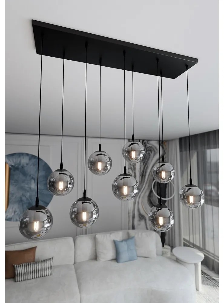 Lampadario a Sospensione in Acciaio e Vetro COSMO 9 Nero 9xE14 Colore delle Sfere Grafite