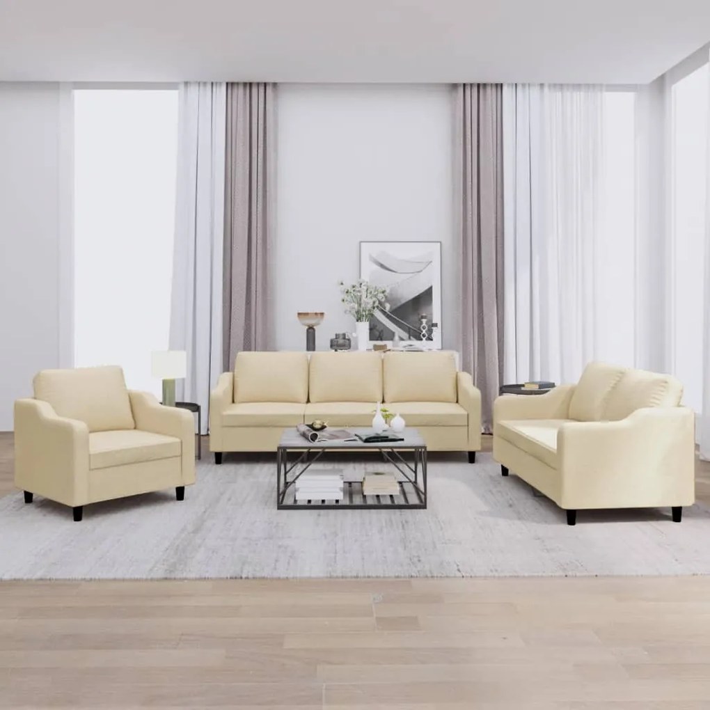 Set Di Divani 3 Pz Con Cuscini Crema İn Tessuto /