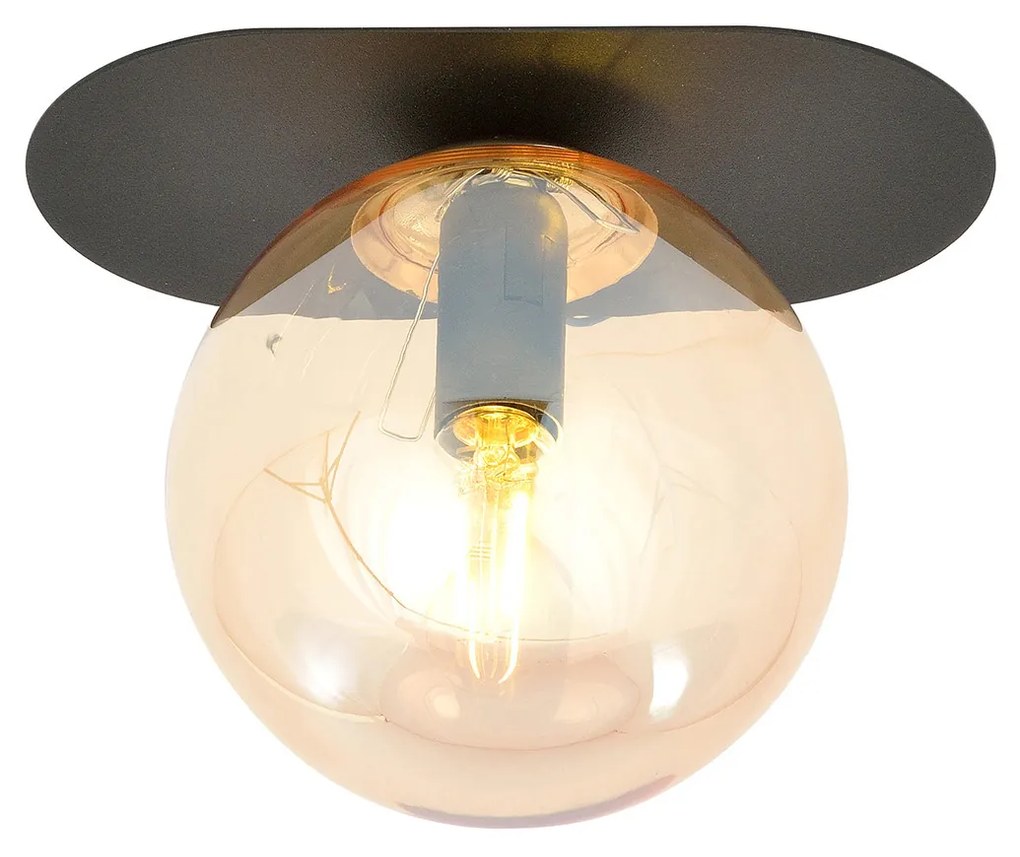 Plafoniera Minimal 1 Luce Teia In Acciaio Nero E Sfera Vetro Ambra