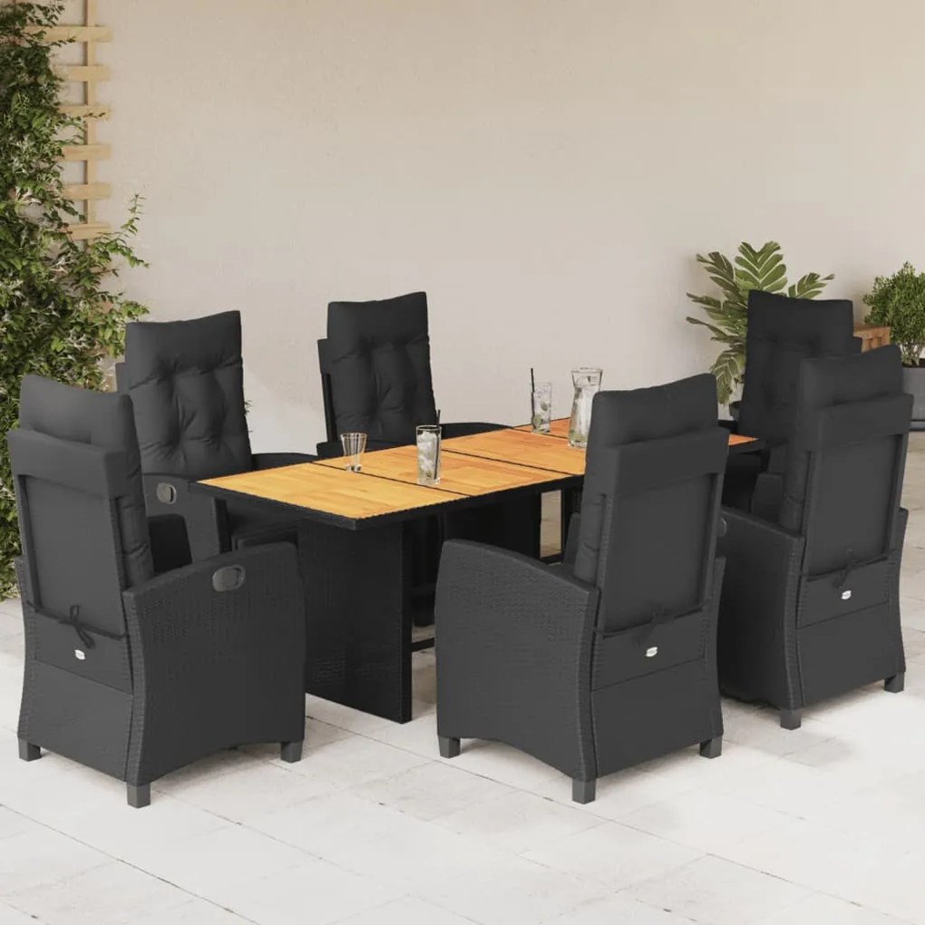 Set da pranzo da giardino 7 pz nero con cuscini in polyrattan