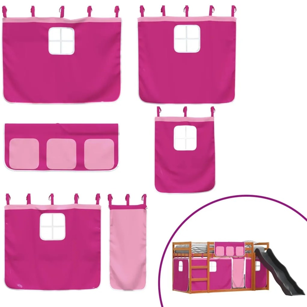 Letto a castello con scivolo e tende rosa 90x200 cm