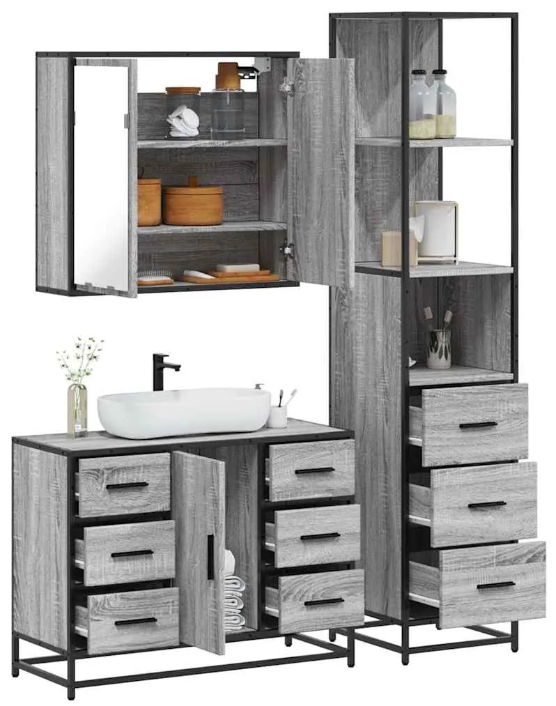 Set Mobili Da Bagno 3 Pz Grigio Sonoma İn Legno Multistrato /