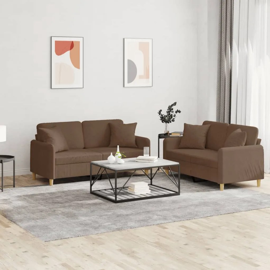 Set Di Divani 2 Pz Con Cuscini Marrone İn Tessuto /