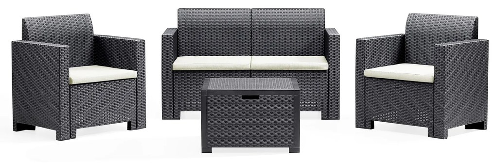 NEBRASKA - salotto da giardino completo di cuscini intreccio in rattan sintetico