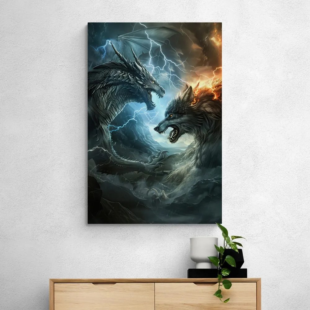 Quadro su tela – Duello tra drago e lupo