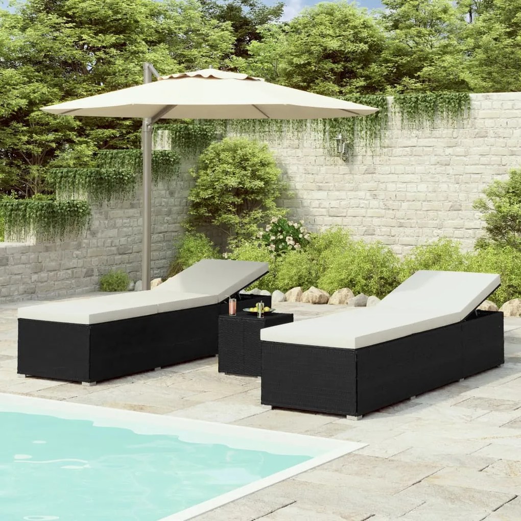 Lettini prendisole con tavolino 3 pz in polyrattan nero