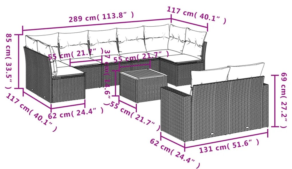 Set divano da giardino 10 pz con cuscini beige in polyrattan