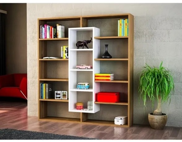 Libreria A Parete Con Mensole E Cubi 125x22x136H Rovere E Bianco Ample