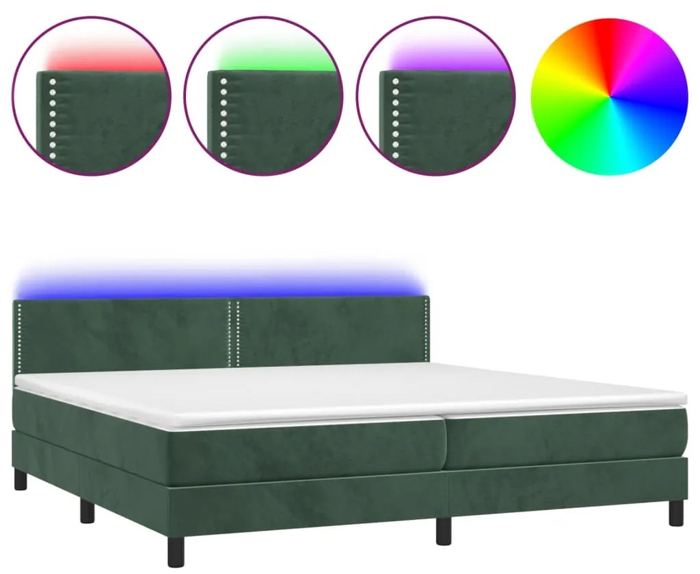 Letto a Molle con Materasso e LED Verde Scuro 200x200cm Velluto