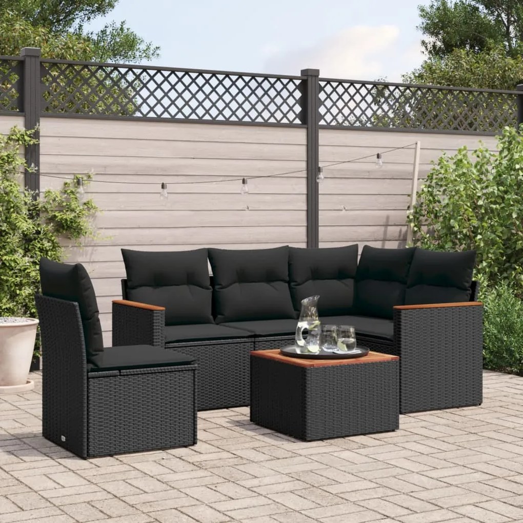 Set divano da giardino 6 pz con cuscini nero in polyrattan