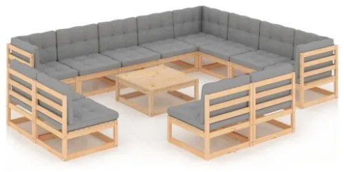 Set Divani da Giardino 13 pz con Cuscini Legno Massello di Pino