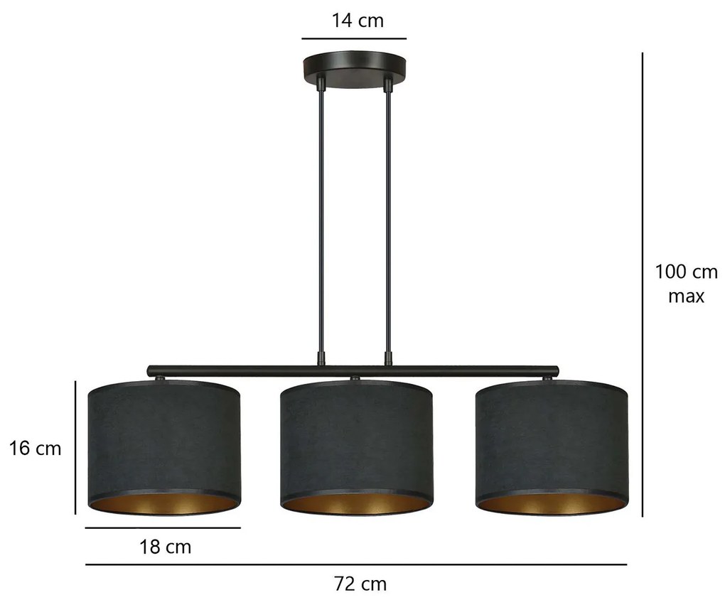 Lampadario 3 Luci Ganesha In Acciaio Nero E Paralumi In Tessuto Nero