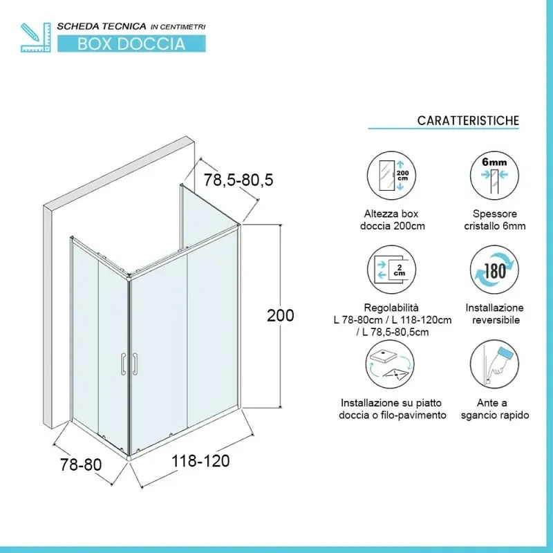 Box doccia 80x120x80 cm con doppio scorrevole trasparente H 200 cm Ted