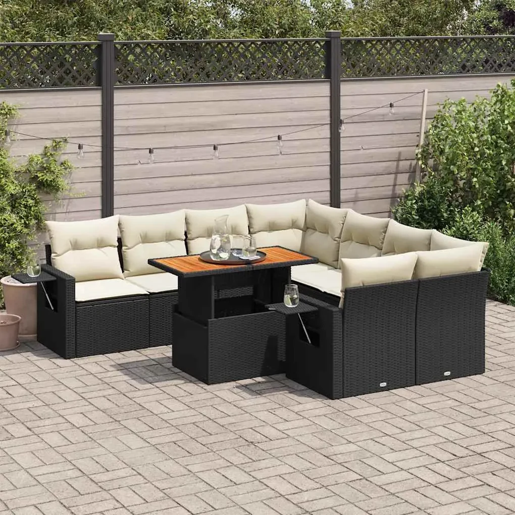 Set divani da giardino 9 pz con cuscini nero in polyrattan