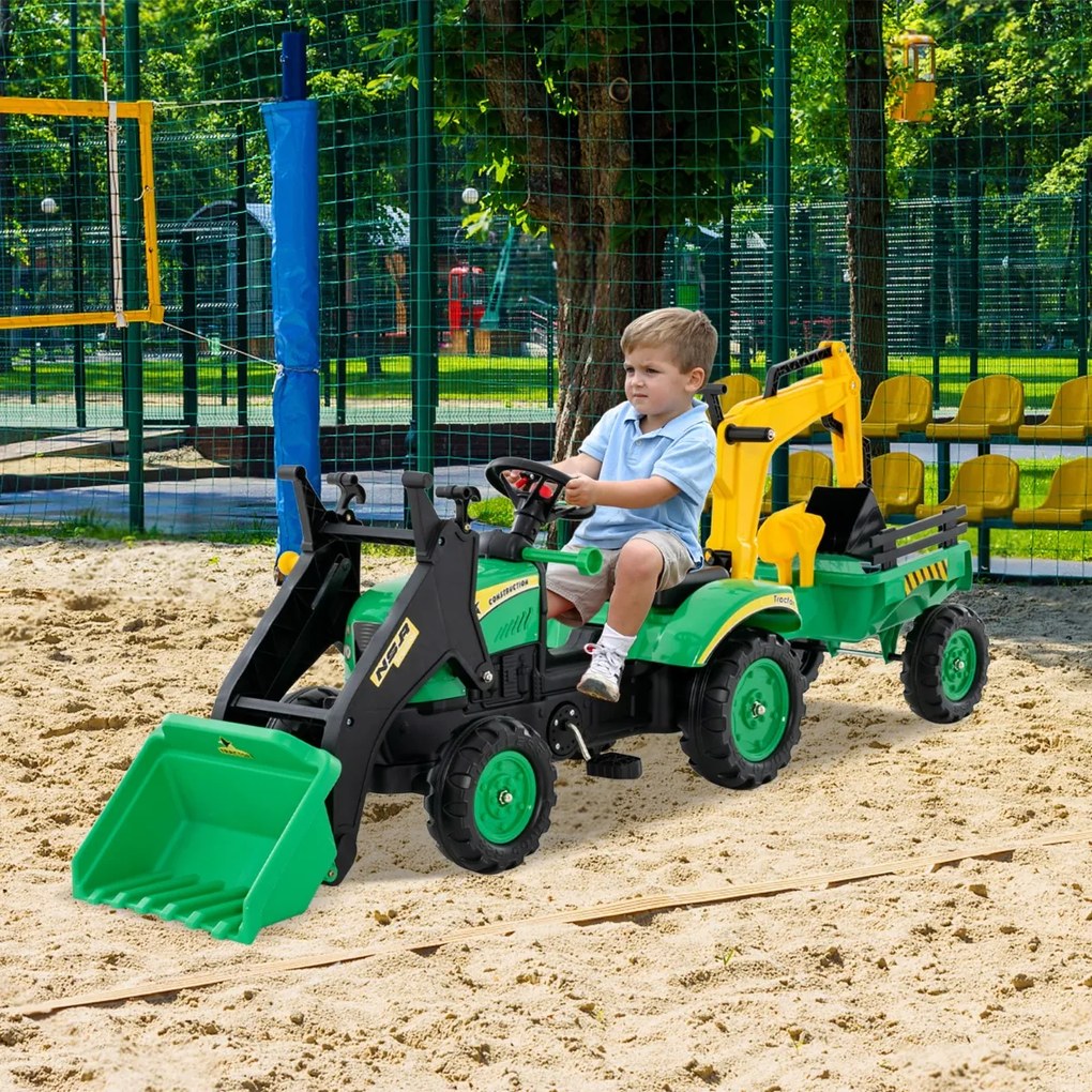Costway Escavatore a pedali per bambini con 6 ruote rimorchio staccabile e 2 benne, Ruspa per bambini 3-6 anni 2 Colori