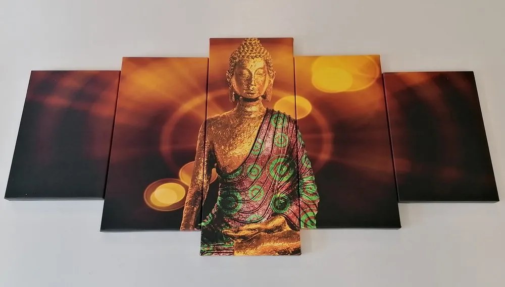 Quadri 5 pezzi – Statua di Buddha con sfondo astratto