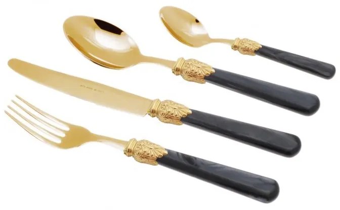 Posate Oro Pvd - Elena - Set 24 Pz Manico Perlato Nero