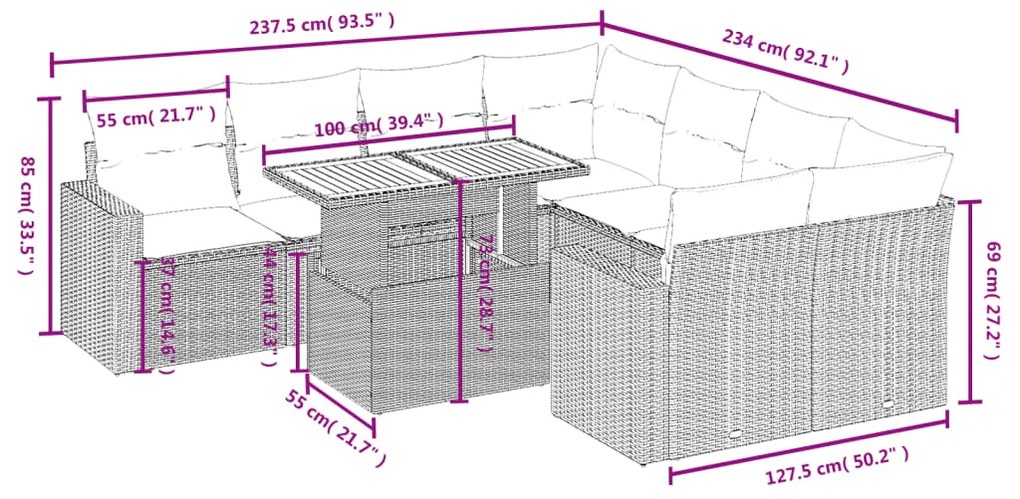 Set divani da giardino 9 pz con cuscini nero in polyrattan