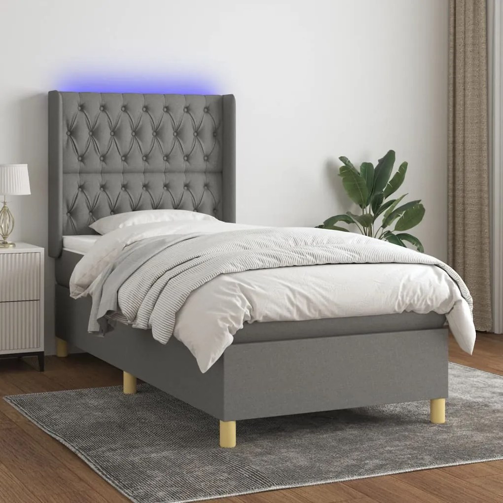 Letto a molle materasso e led grigio scuro 90x190 cm in tessuto