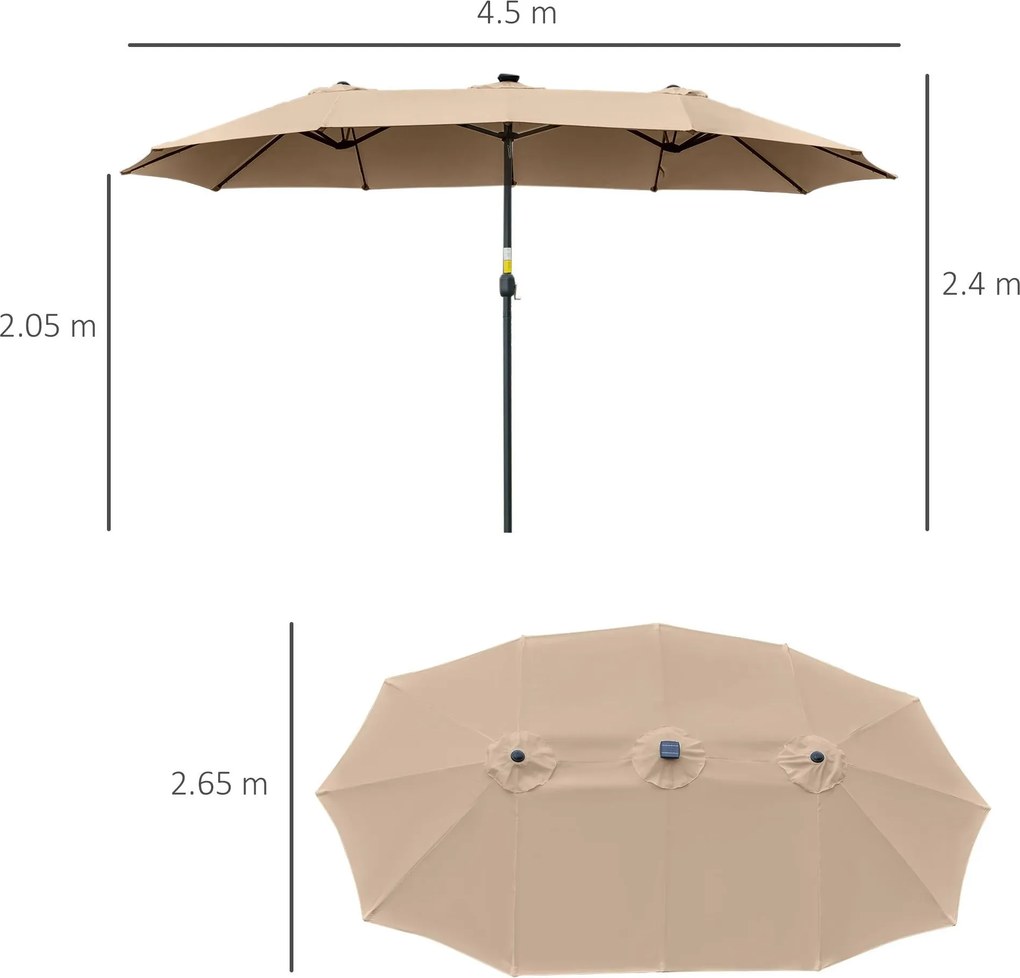 Ombrellone Doppio con Luci LED Ø4,5 m Palo Ø48 mm in Poliestere e Acciaio Cachi...