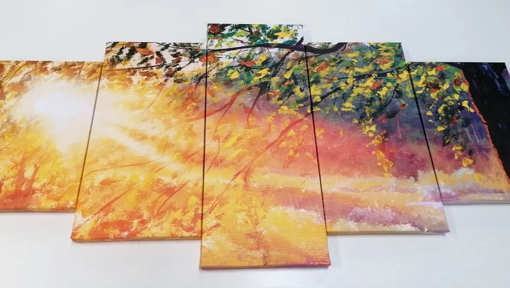 Quadri 5 pezzi – Alba nella foresta