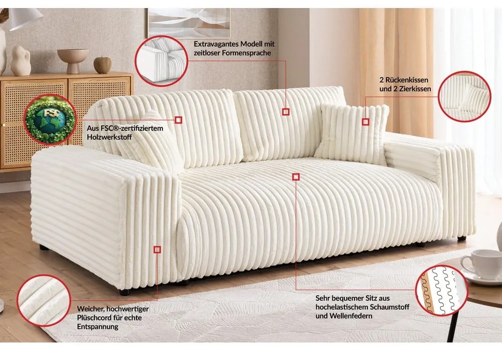 Divano color crema con rivestimento in velluto a coste 178 cm Justin – Ropez