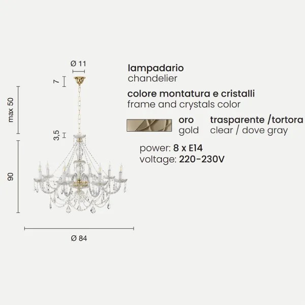 Lampadario a sospensione OPERA D84 cm in vetro lavorato a mano 8 LUCI TORTORA