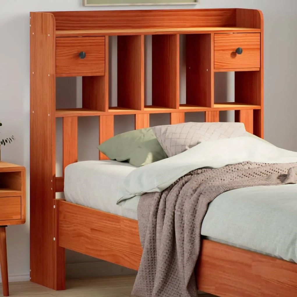 Testiera Con Ripiani Marrone Cera 100 Cm İn Legno Di Pino /