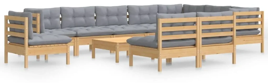 Set divani da giardino 11 pz con cuscini grigi massello di pino