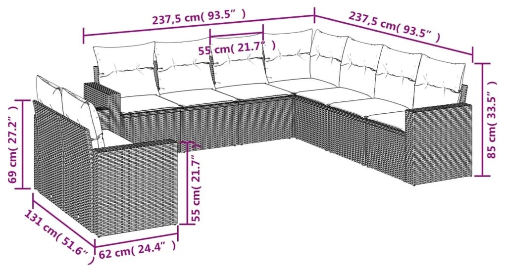 Set divani da giardino 9pz con cuscini marrone in polyrattan