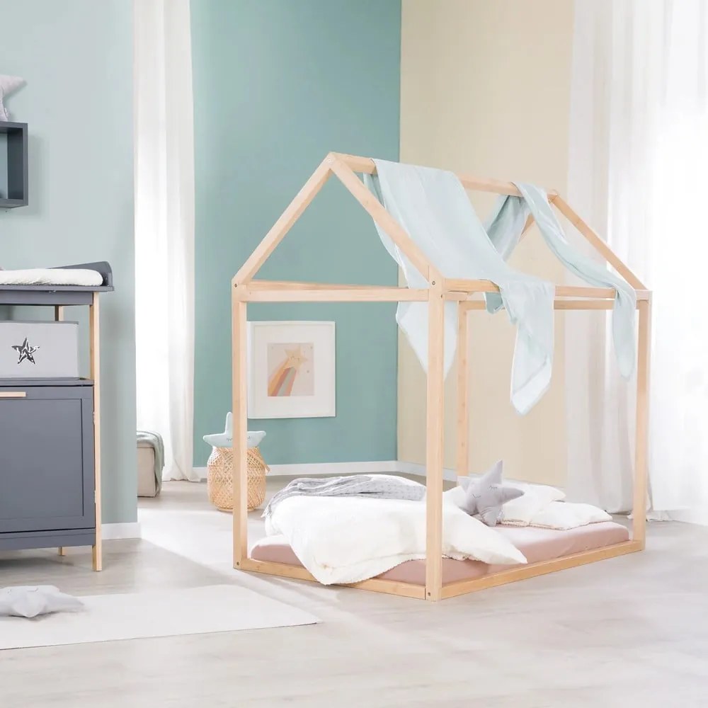 Letto da bambini a forma di casa di colore naturale in bambù con materasso incluso e rete non inclusa 70x140 cm House Bed – Roba