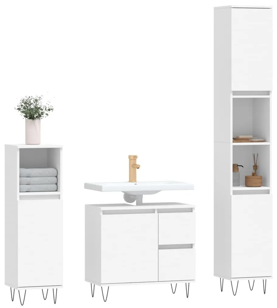 Set mobili da bagno 3 pz bianco in legno multistrato