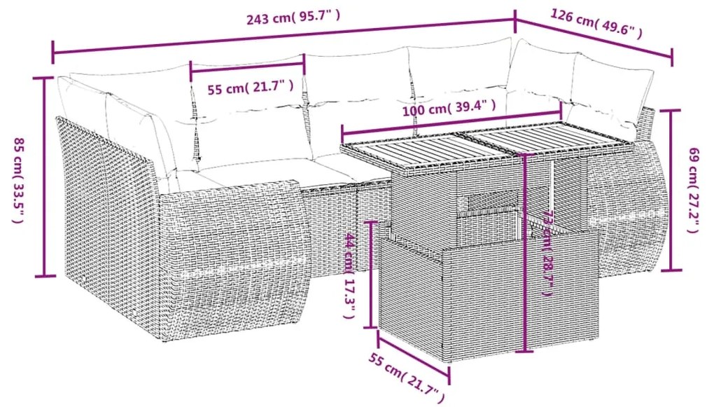 Set divani da giardino con cuscini 7pz nero polyrattan