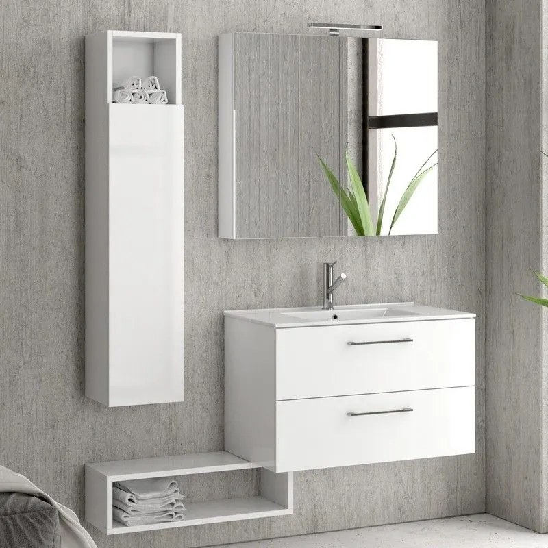 Kamalu - composizione bagno sospesa 80cm: mobile, specchio contenitore colonna e pensile el-80a