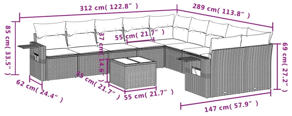 Set divani da giardino 11 pz con cuscini in polyrattan grigio