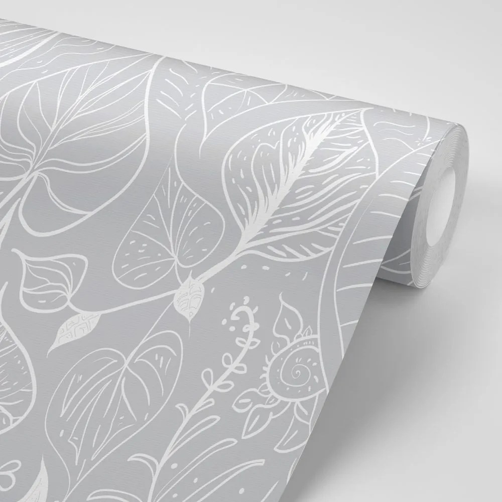Carta da parati – Foglie magiche in versione grigia